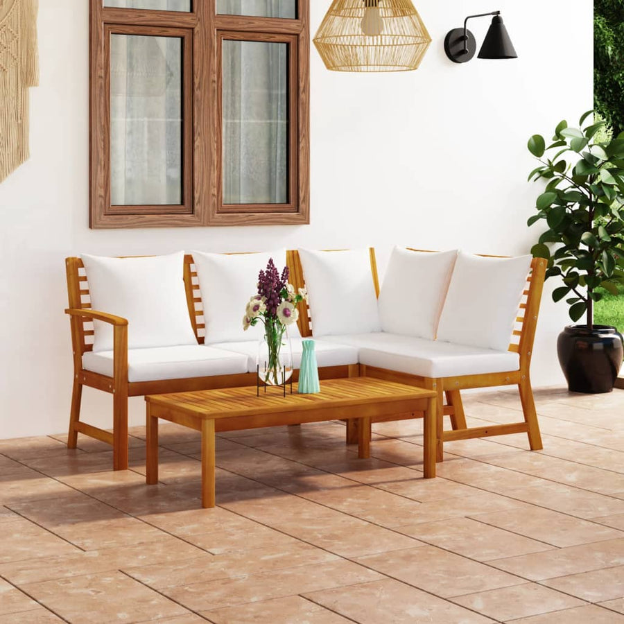 4-Delige Loungeset Met Kussens Massief Acaciahout Crème hoek + midden + Bank + Tafel