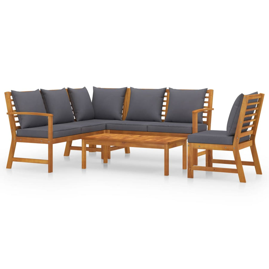 5-Delige Loungeset Met Kussens Massief Acaciahout Donkergrijs hoek + midden + 2x Bank + Tafel