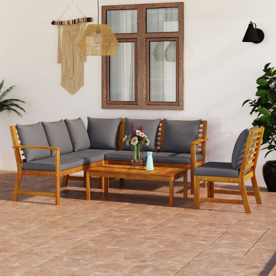 5-Delige Loungeset Met Kussens Massief Acaciahout Donkergrijs hoek + midden + 2x Bank + Tafel