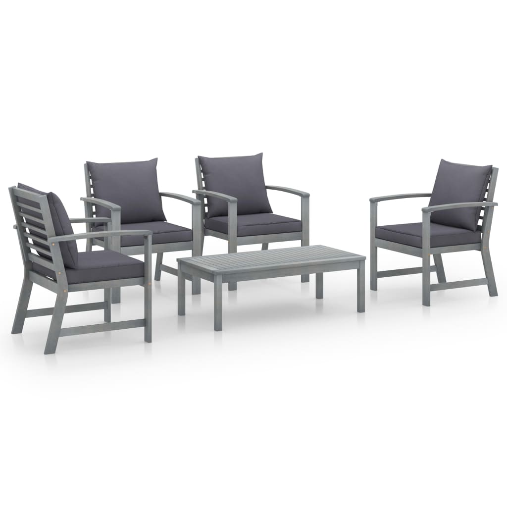 5-Delige Loungeset Met Kussens Massief Acaciahout Grijs 4x Fauteuil + Tafel