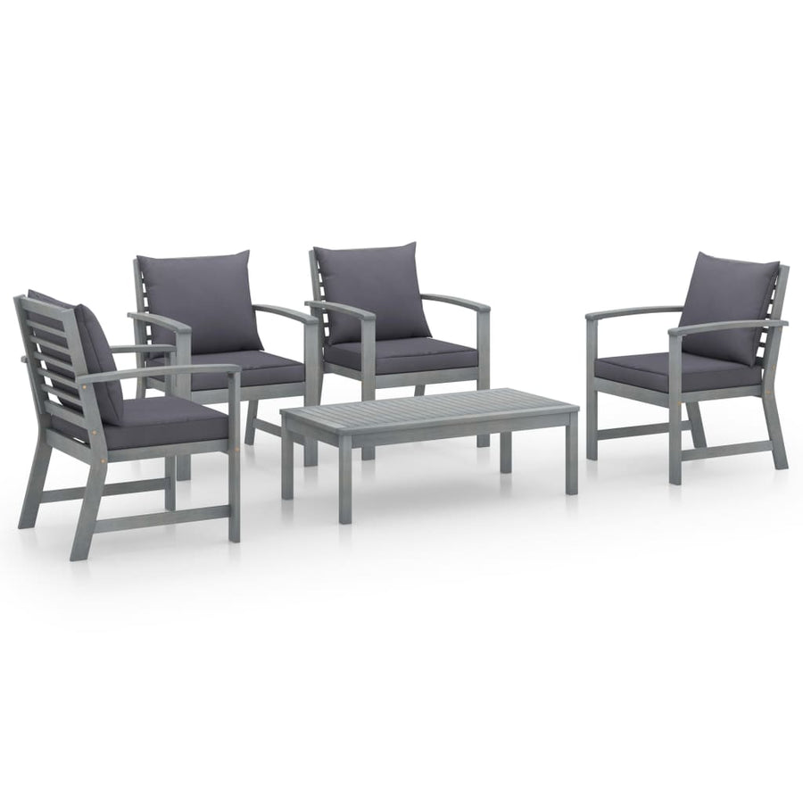 5-Delige Loungeset Met Kussens Massief Acaciahout Grijs 4x Fauteuil + Tafel
