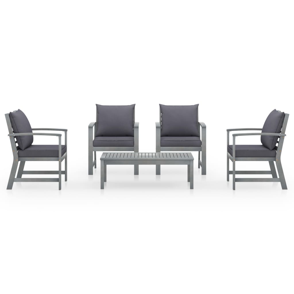5-Delige Loungeset Met Kussens Massief Acaciahout Grijs 4x Fauteuil + Tafel