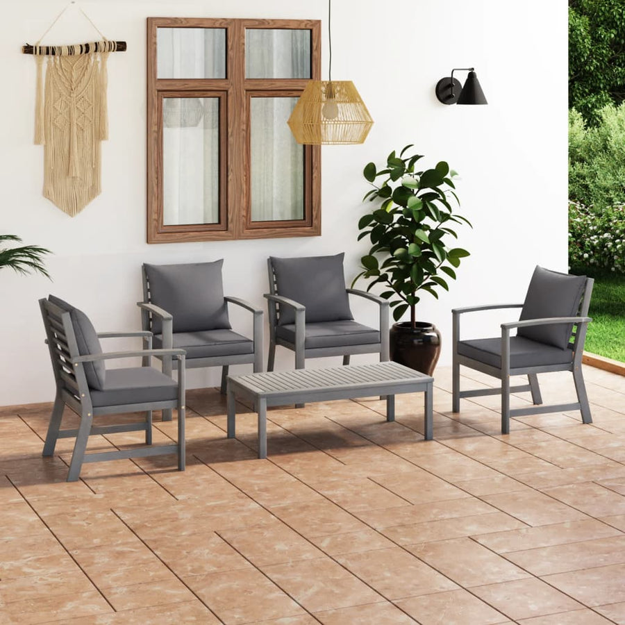 5-Delige Loungeset Met Kussens Massief Acaciahout Grijs 4x Fauteuil + Tafel