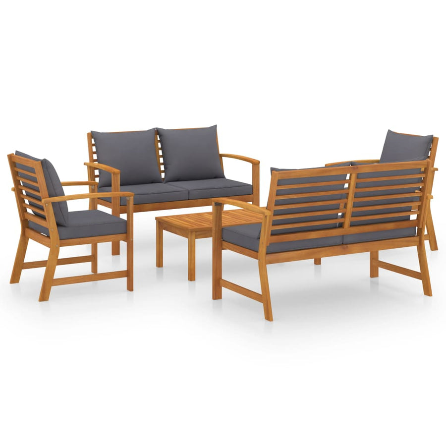 5-Delige Loungeset Met Kussens Massief Acaciahout 1 Donkergrijs 2x Fauteuil + 2x Bank + Tafel
