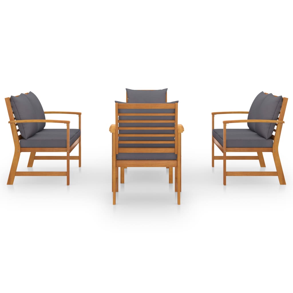 5-Delige Loungeset Met Kussens Massief Acaciahout 1 Donkergrijs 2x Fauteuil + 2x Bank + Tafel