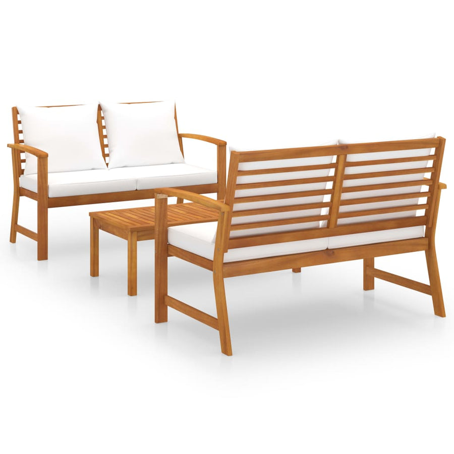 3-Delige Loungeset Met Kussens Massief Acaciahout Crème 2x Bank + Tafel