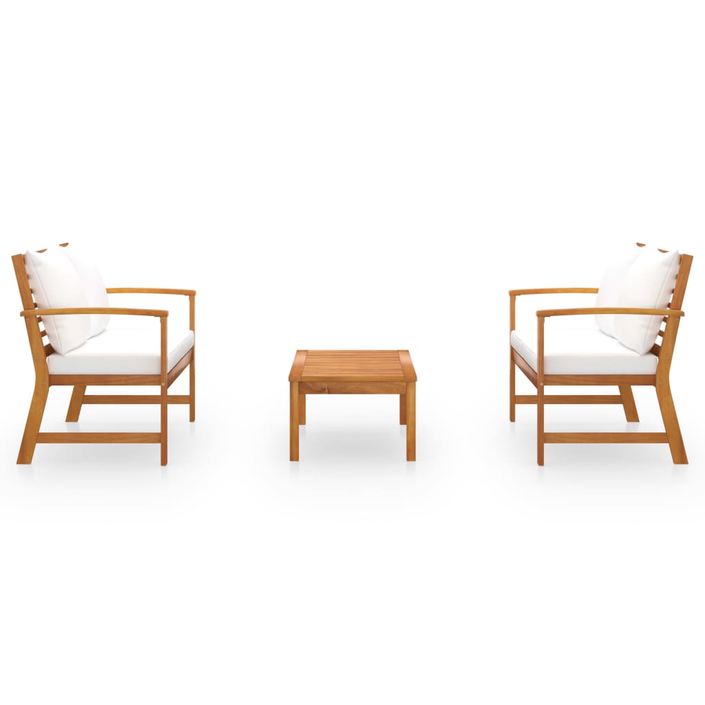 3-Delige Loungeset Met Kussens Massief Acaciahout Crème 2x Bank + Tafel