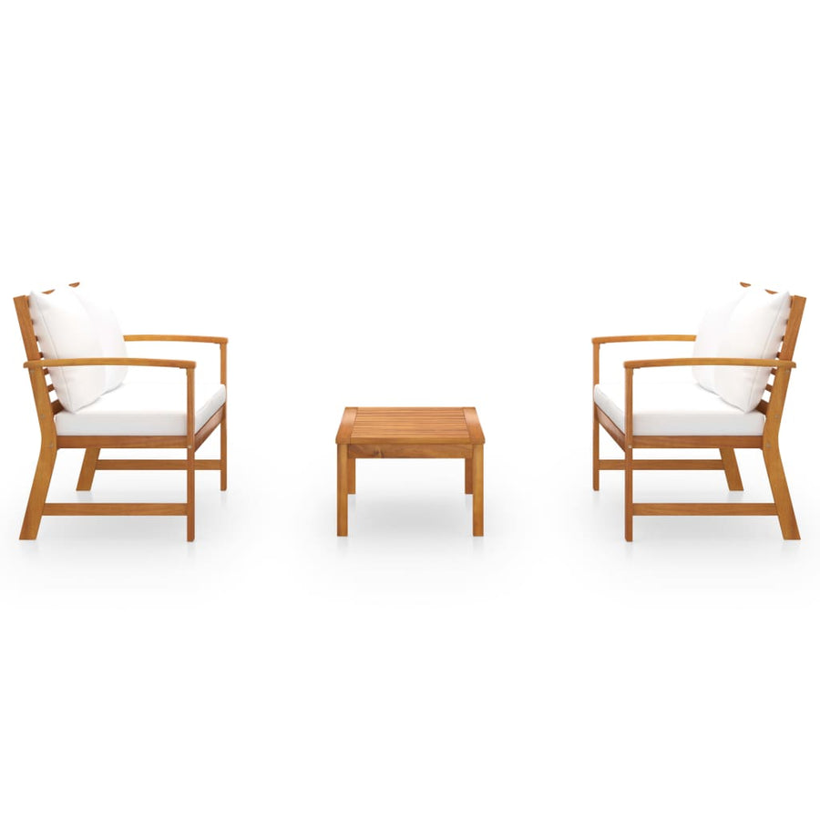 3-Delige Loungeset Met Kussens Massief Acaciahout Crème 2x Bank + Tafel