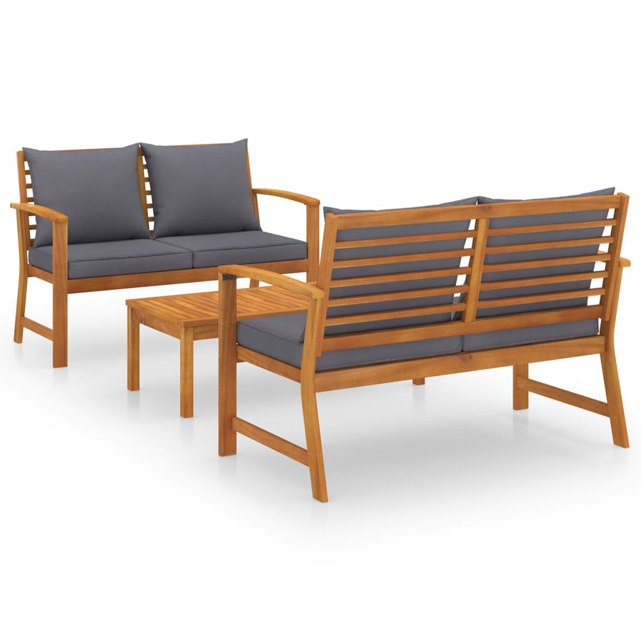 3-Delige Loungeset Met Kussens Massief Acaciahout Donkergrijs 2x Bank + Tafel
