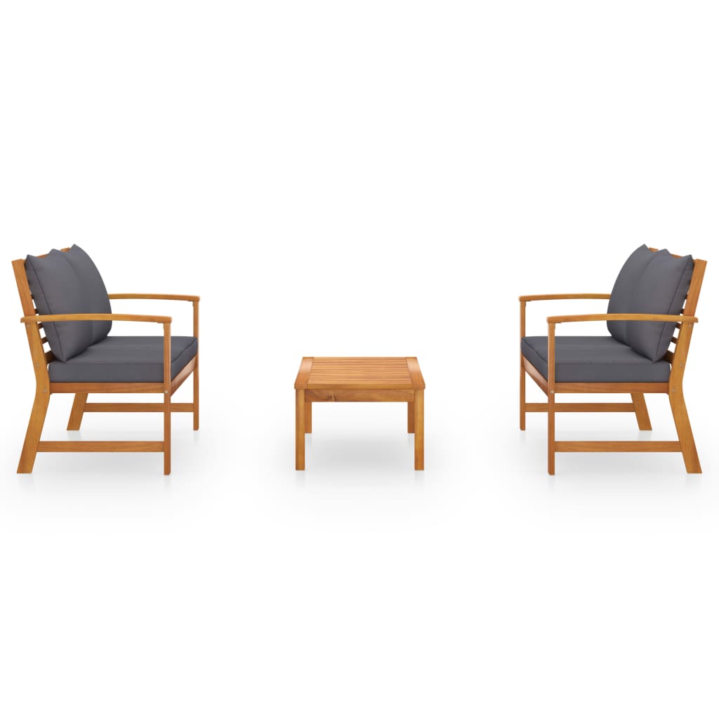 3-Delige Loungeset Met Kussens Massief Acaciahout Donkergrijs 2x Bank + Tafel