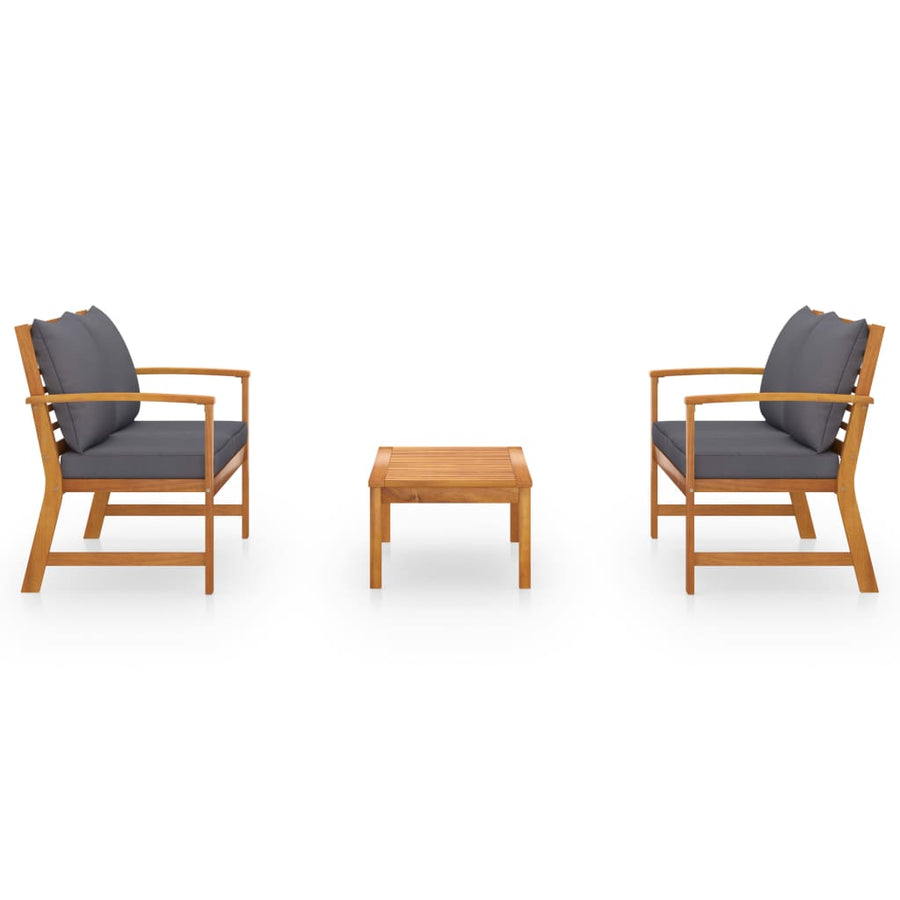 3-Delige Loungeset Met Kussens Massief Acaciahout Donkergrijs 2x Bank + Tafel