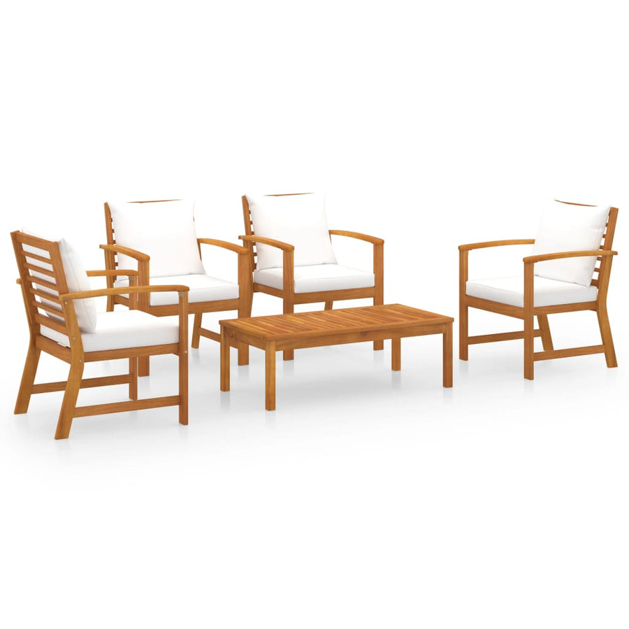 5-Delige Loungeset Met Kussens Massief Acaciahout Crème 4x Fauteuil + Tafel
