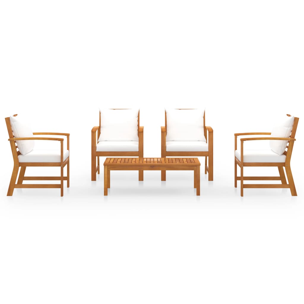 5-Delige Loungeset Met Kussens Massief Acaciahout Crème 4x Fauteuil + Tafel