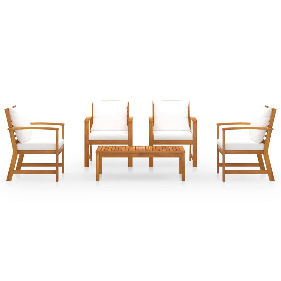 5-Delige Loungeset Met Kussens Massief Acaciahout Crème 4x Fauteuil + Tafel