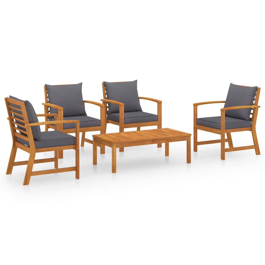 5-Delige Loungeset Met Kussens Massief Acaciahout Donkergrijs 4x Fauteuil + Tafel