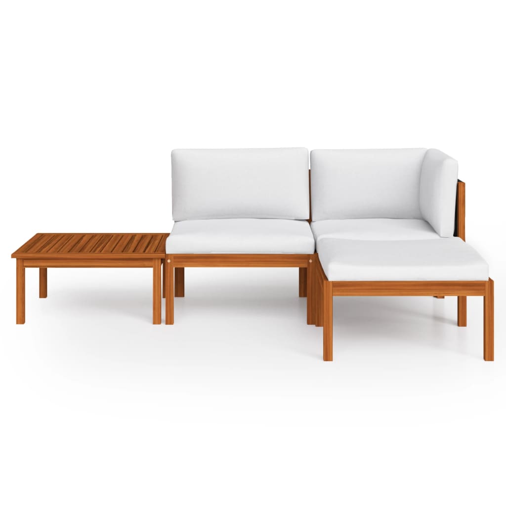 4-Delige Loungeset Met Kussens Massief Acaciahout Crèmekleurig 1 hoek + midden + voetensteun + Tafel