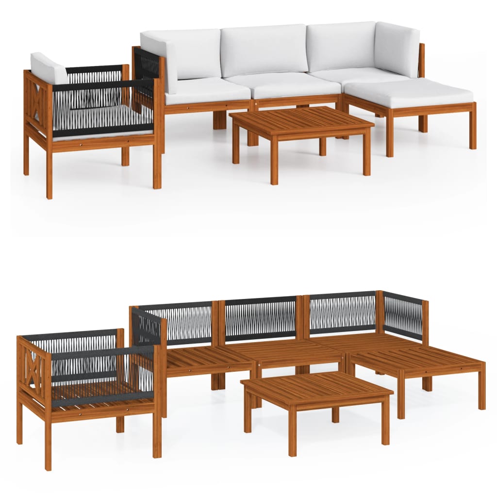 6-Delige Loungeset Met Kussens Massief Acaciahout Crèmekleurig 1 2x hoek + midden + Fauteuil + voetensteun + Tafel