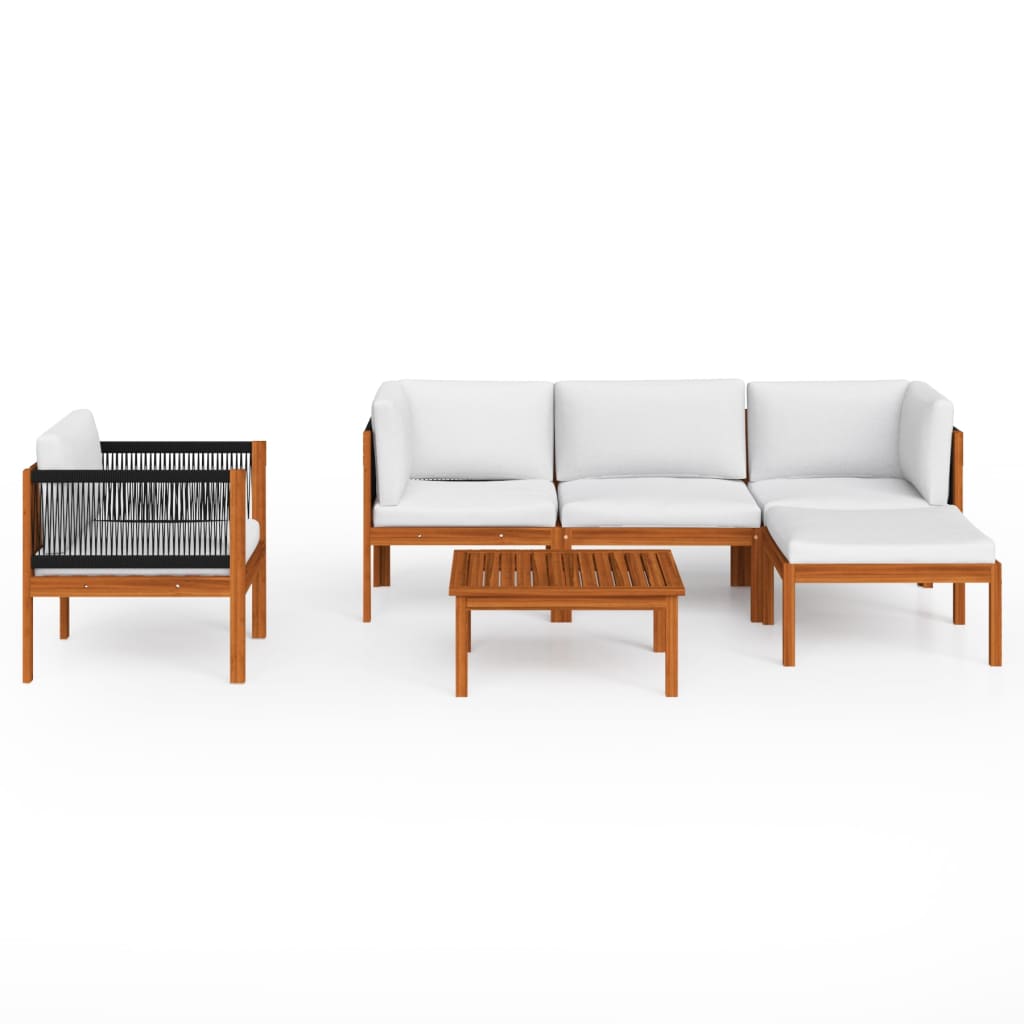 6-Delige Loungeset Met Kussens Massief Acaciahout Crèmekleurig 1 2x hoek + midden + Fauteuil + voetensteun + Tafel