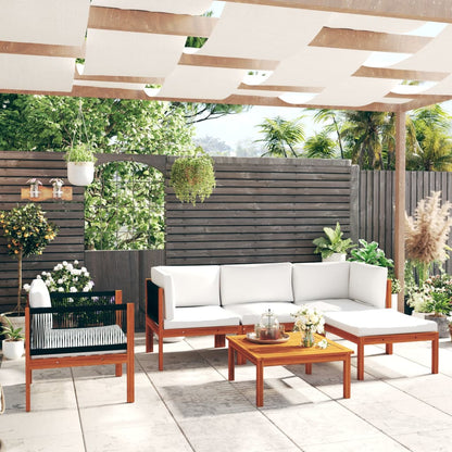 6-Delige Loungeset Met Kussens Massief Acaciahout Crèmekleurig 1 2x hoek + midden + Fauteuil + voetensteun + Tafel