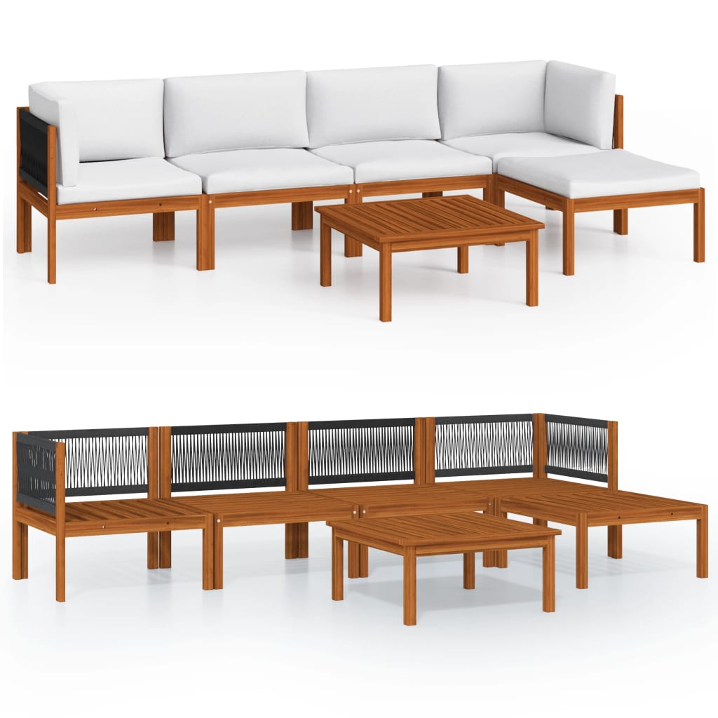6-Delige Loungeset Met Kussens Massief Acaciahout Crèmekleurig 1 2x hoek + 2x midden + voetensteun + Tafel