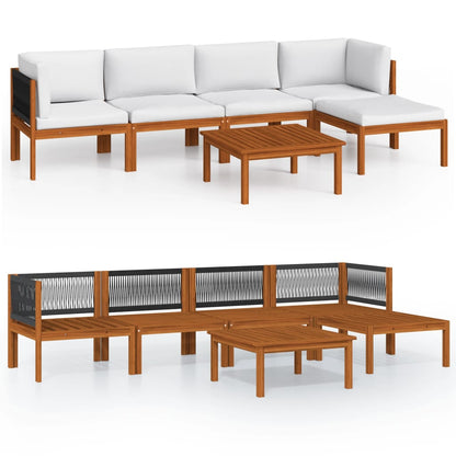 6-Delige Loungeset Met Kussens Massief Acaciahout Crèmekleurig 1 2x hoek + 2x midden + voetensteun + Tafel