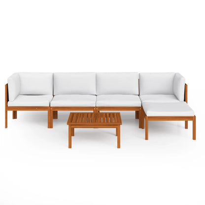 6-Delige Loungeset Met Kussens Massief Acaciahout Crèmekleurig 1 2x hoek + 2x midden + voetensteun + Tafel