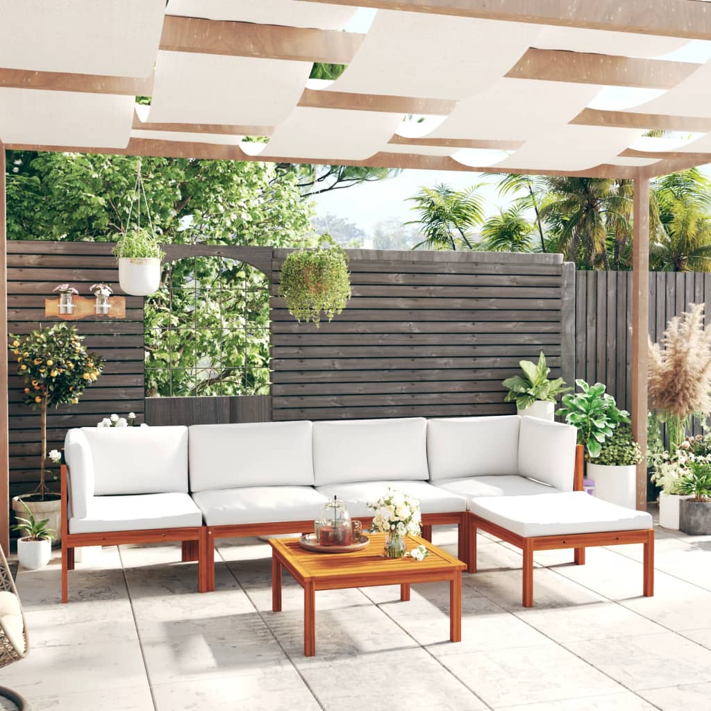 6-Delige Loungeset Met Kussens Massief Acaciahout Crèmekleurig 1 2x hoek + 2x midden + voetensteun + Tafel