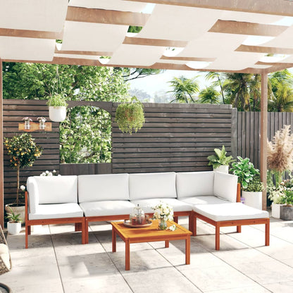 6-Delige Loungeset Met Kussens Massief Acaciahout Crèmekleurig 1 2x hoek + 2x midden + voetensteun + Tafel