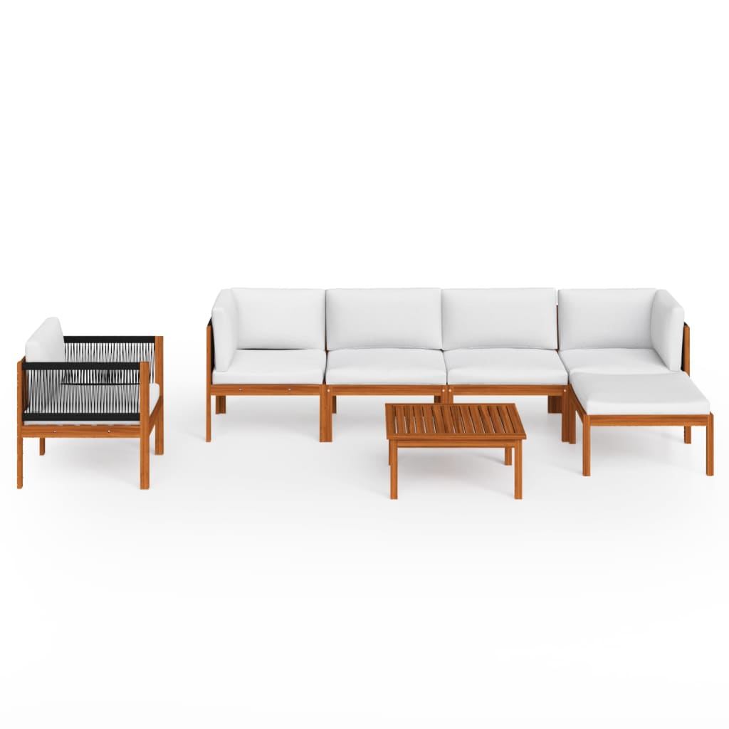 7-Delige Loungeset Met Kussens Massief Acaciahout Crèmekleurig 1 2x hoek + 2x midden + Fauteuil + voetensteun + Tafel