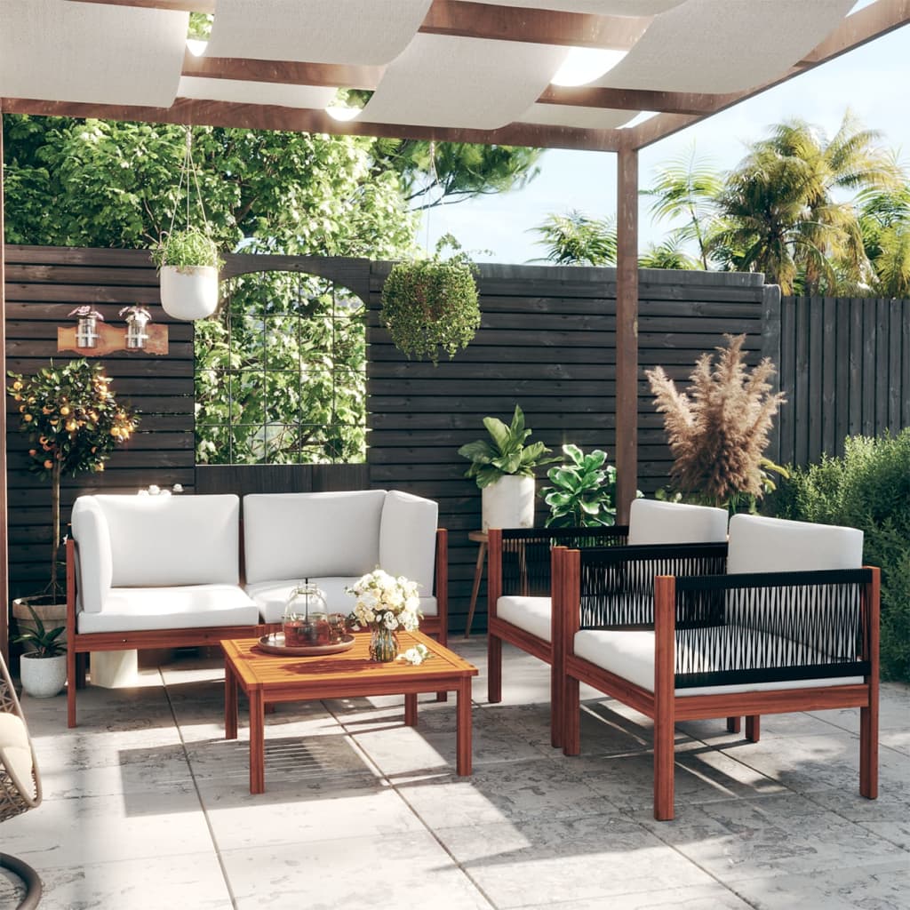 5-Delige Loungeset Met Kussens Massief Acaciahout Crèmekleurig 1 2x hoek + 2x Fauteuil + Tafel