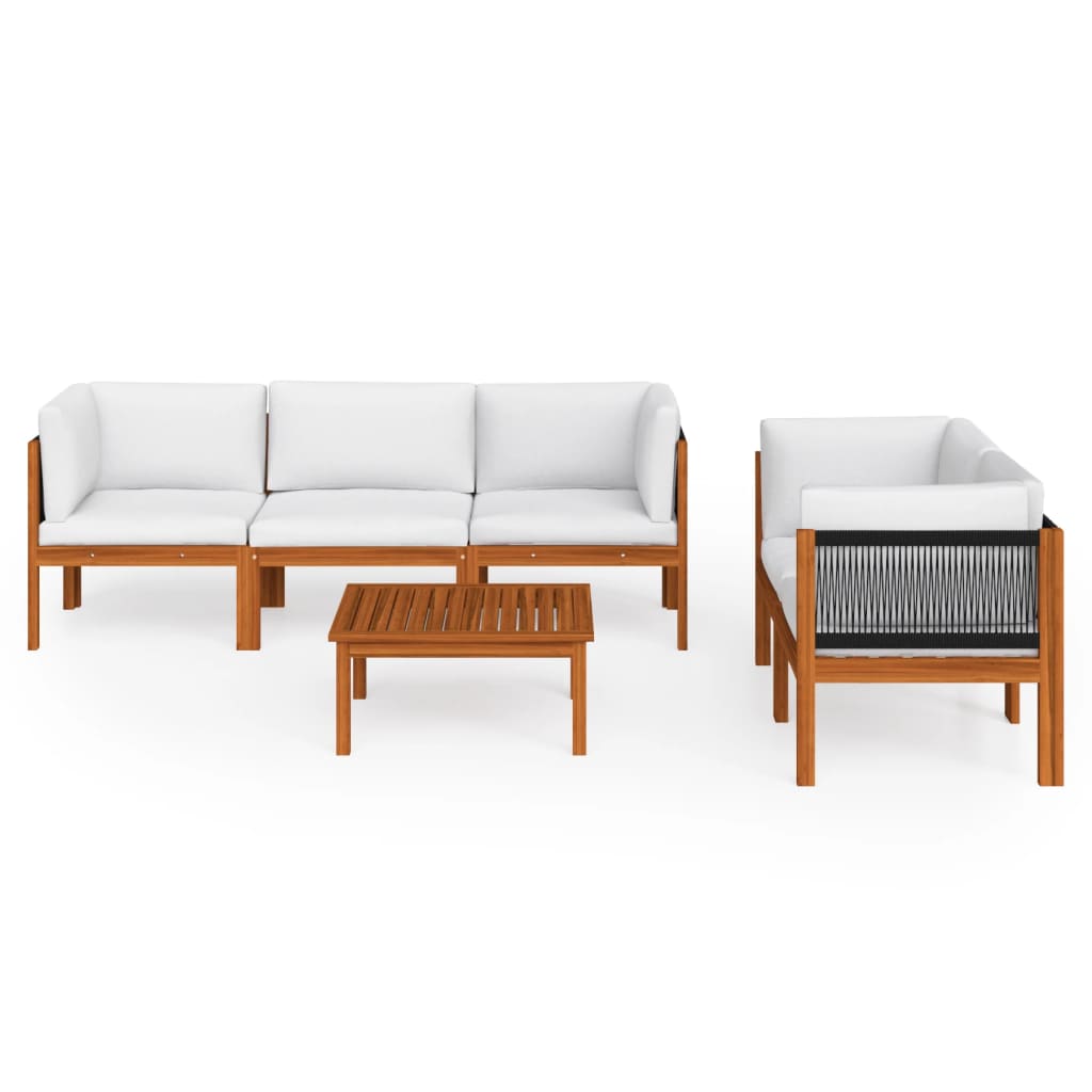 6-Delige Loungeset Met Kussens Massief Acaciahout Crèmekleurig 1 4x hoek + midden + Tafel