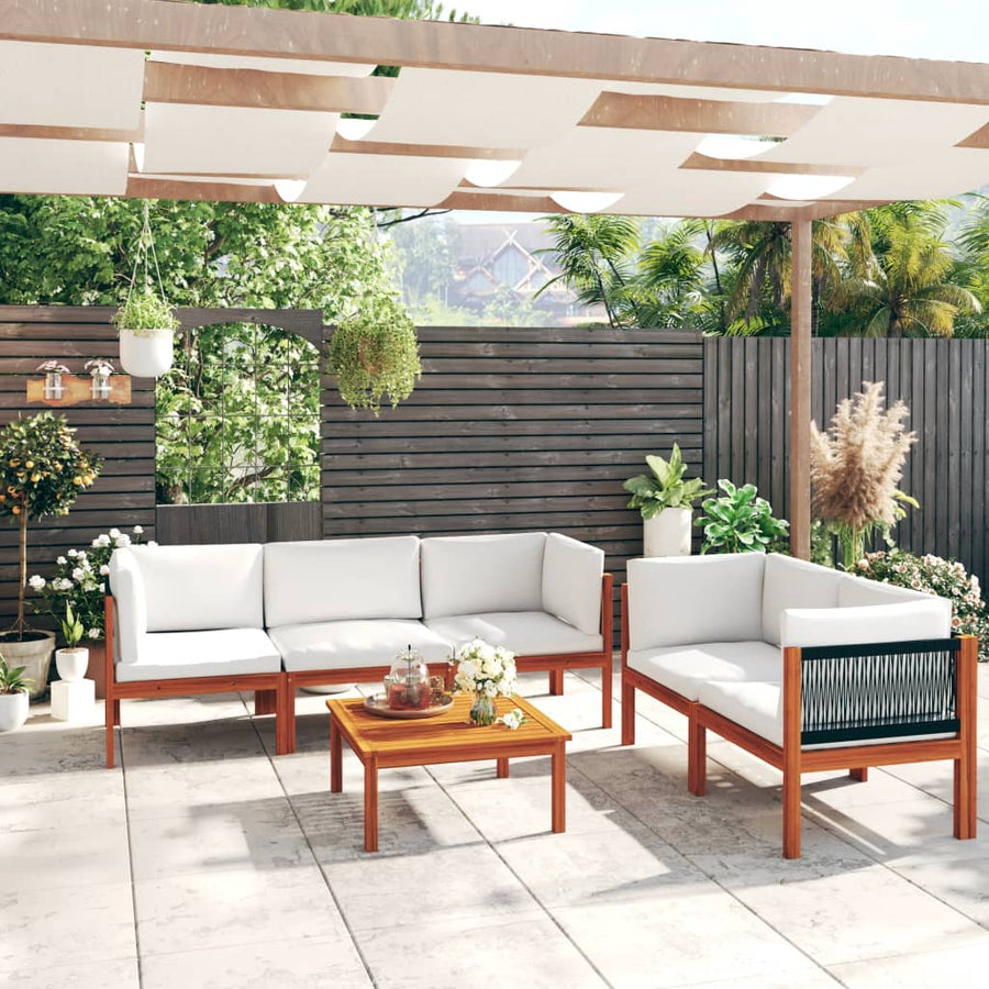 6-Delige Loungeset Met Kussens Massief Acaciahout Crèmekleurig 1 4x hoek + midden + Tafel