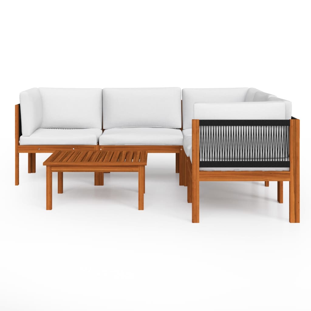 6-Delige Loungeset Met Kussens Massief Acaciahout Crèmekleurig 1 3x hoek + 2x midden + Tafel