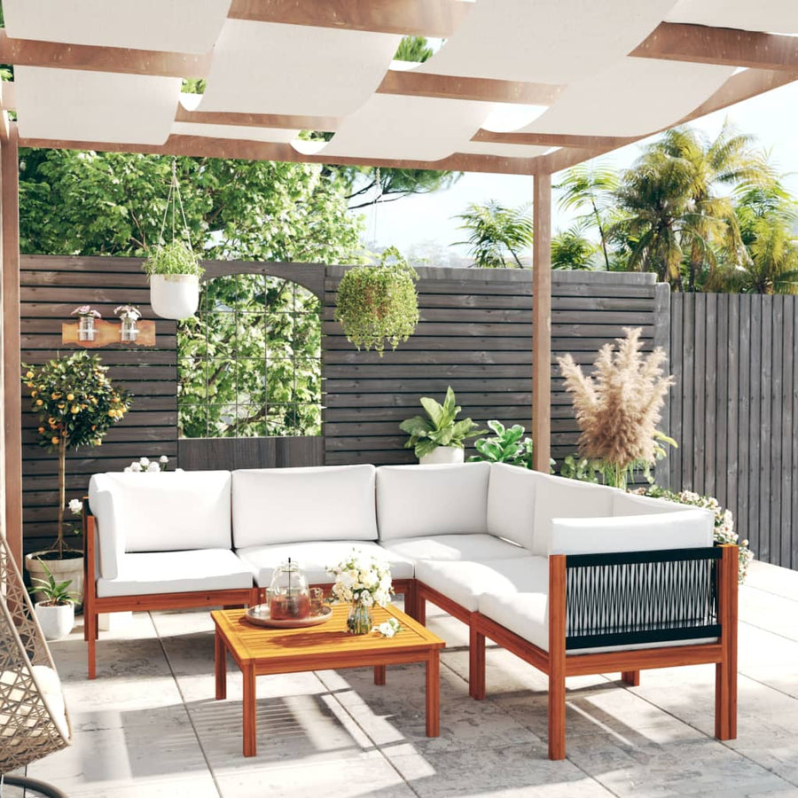 6-Delige Loungeset Met Kussens Massief Acaciahout Crèmekleurig 1 3x hoek + 2x midden + Tafel