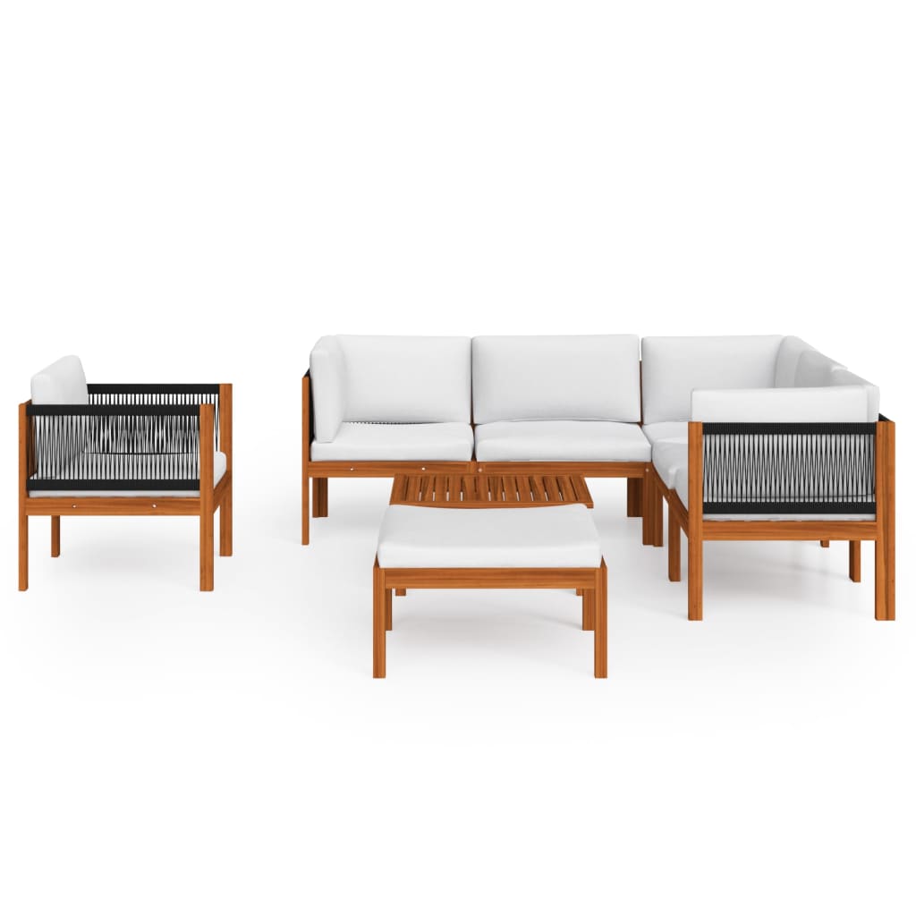 8-Delige Loungeset Met Kussens Massief Acaciahout Crèmekleurig 1 3x hoek + 2x midden + Fauteuil + voetensteun + Tafel
