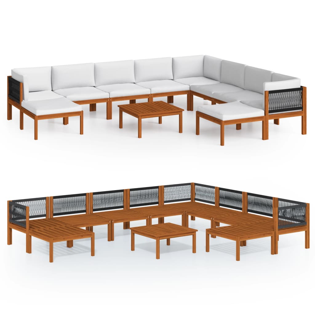 -Delige Loungeset Met Kussens Massief Acaciahout Crèmekleurig 1 3x hoek + 5x midden + 2x voetensteun + Tafel