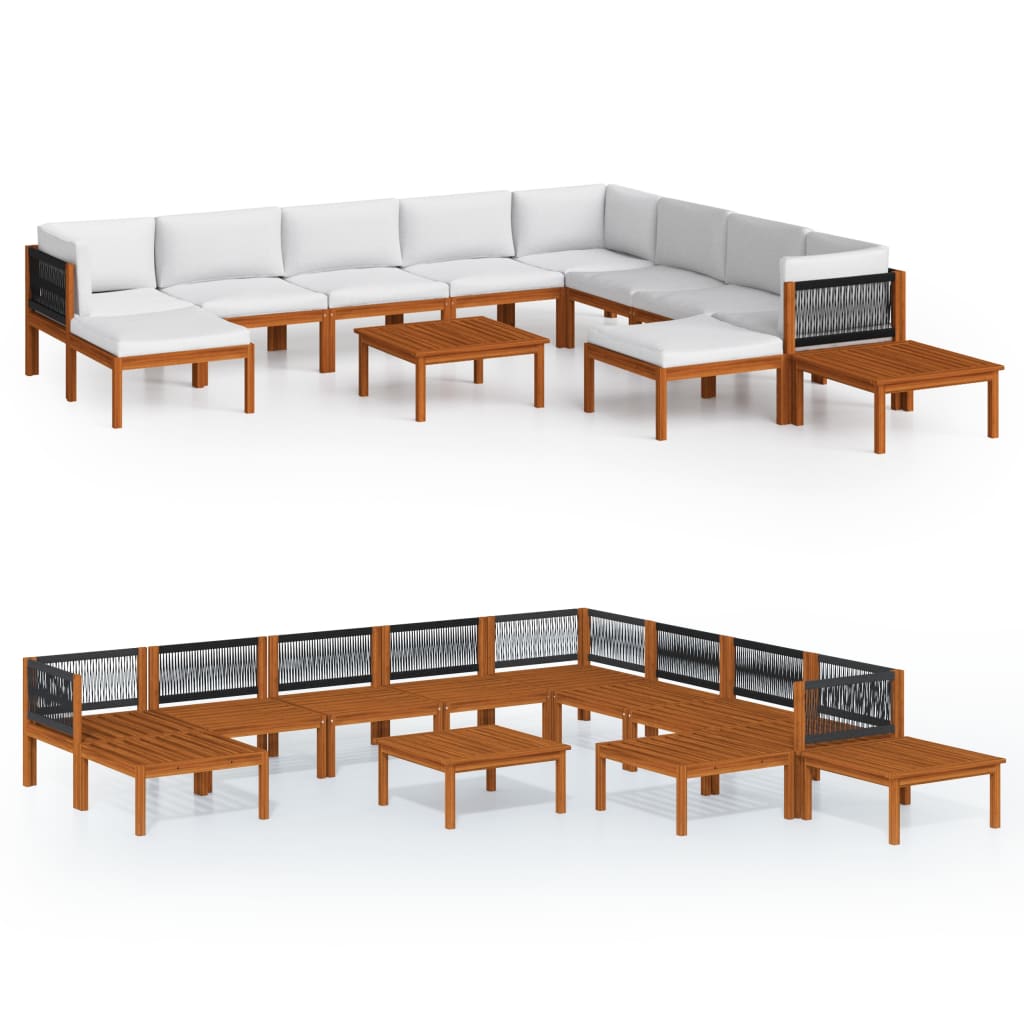 2-Delige Loungeset Met Kussens Massief Acaciahout Crèmekleurig 1 3x hoek + 5x midden + 2x voetensteun + 2x Tafel