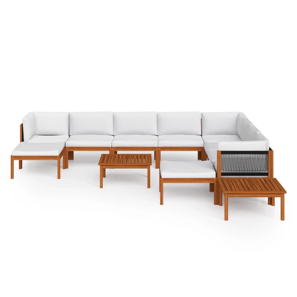 2-Delige Loungeset Met Kussens Massief Acaciahout Crèmekleurig 1 3x hoek + 5x midden + 2x voetensteun + 2x Tafel