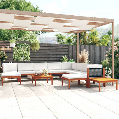 2-Delige Loungeset Met Kussens Massief Acaciahout Crèmekleurig 1 3x hoek + 5x midden + 2x voetensteun + 2x Tafel