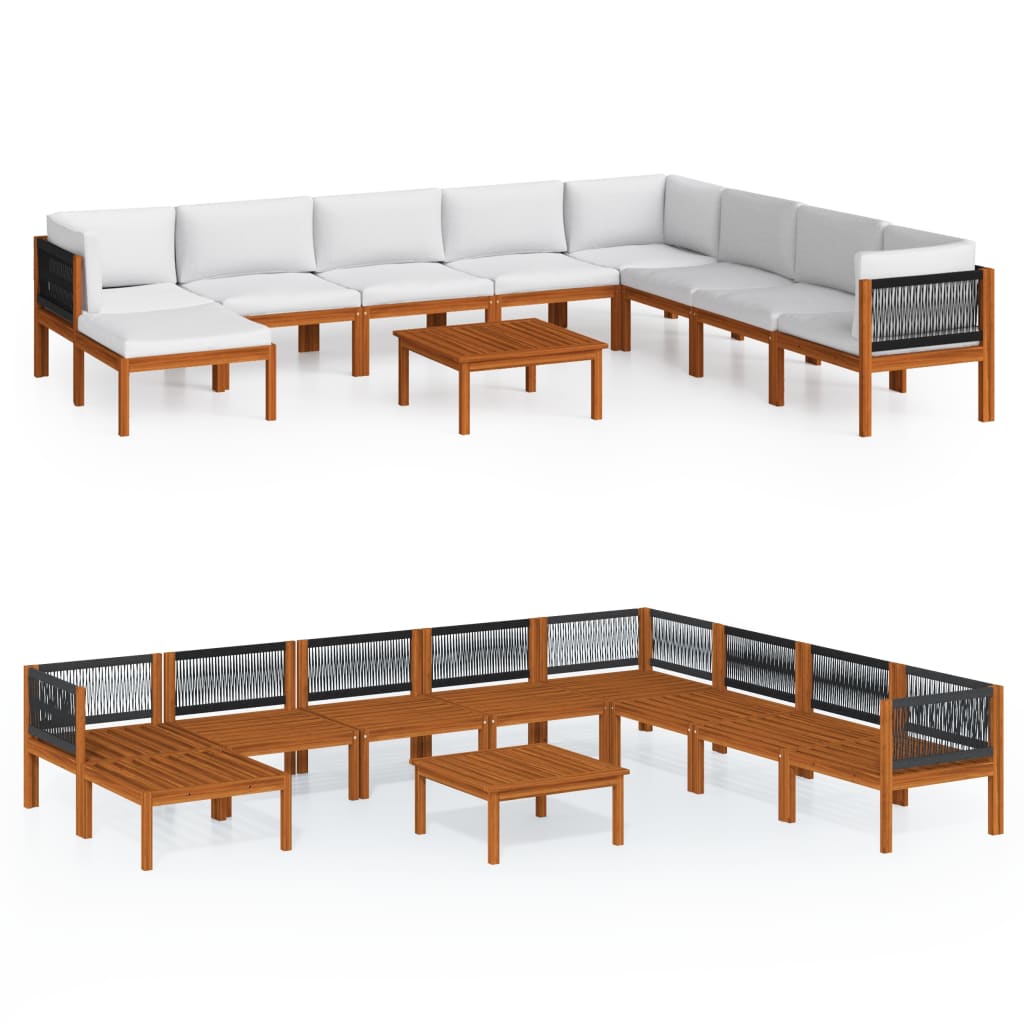 9-Delige Loungeset Met Kussens Massief Acaciahout Crèmekleurig 1 3x hoek + 4x midden + voetensteun + Tafel