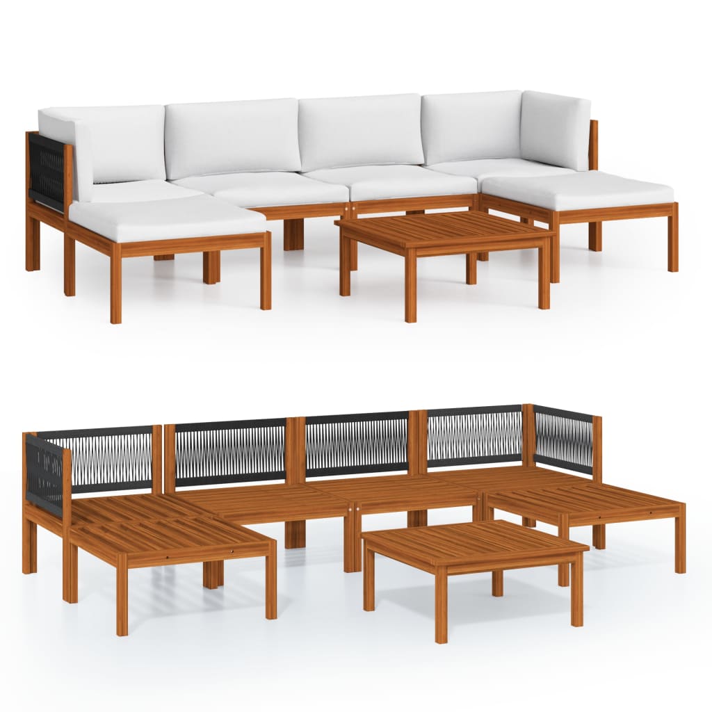 7-Delige Loungeset Met Kussens Massief Acaciahout Crèmekleurig 1 2x hoek + 2x midden + 2x voetensteun + Tafel