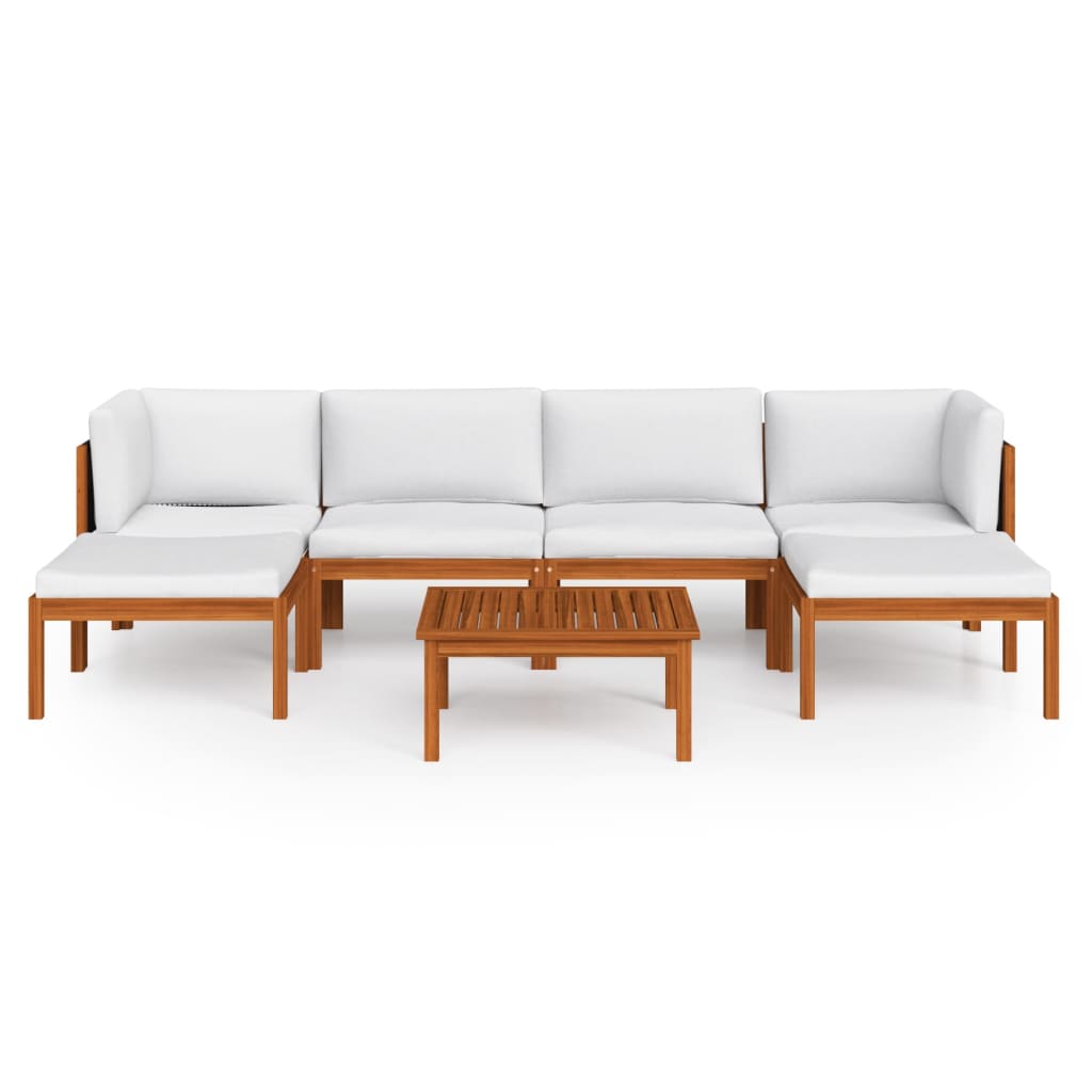 7-Delige Loungeset Met Kussens Massief Acaciahout Crèmekleurig 1 2x hoek + 2x midden + 2x voetensteun + Tafel