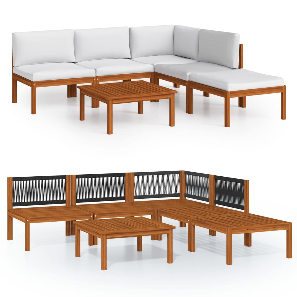 6-Delige Loungeset Met Kussens Massief Acaciahout Crèmekleurig 1 hoek + 3x midden + voetensteun + Tafel