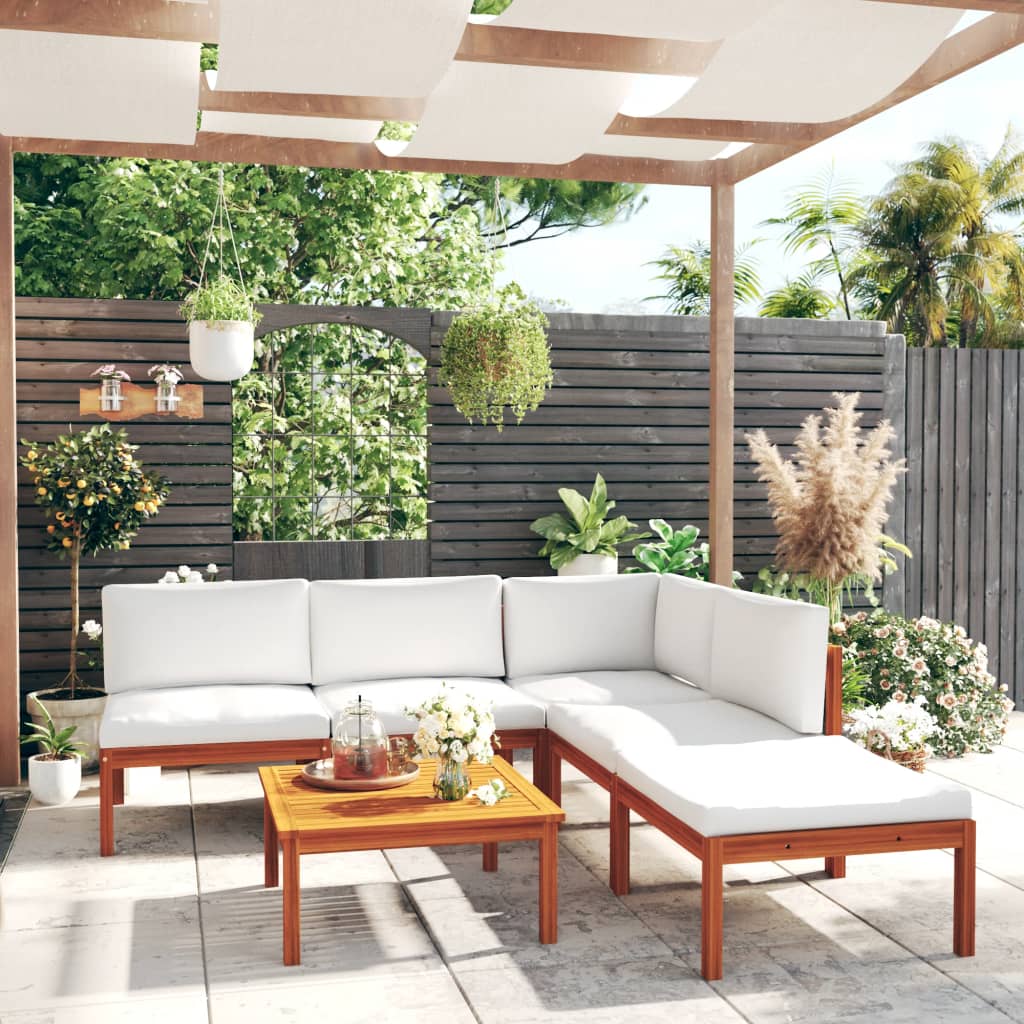 6-Delige Loungeset Met Kussens Massief Acaciahout Crèmekleurig 1 hoek + 3x midden + voetensteun + Tafel