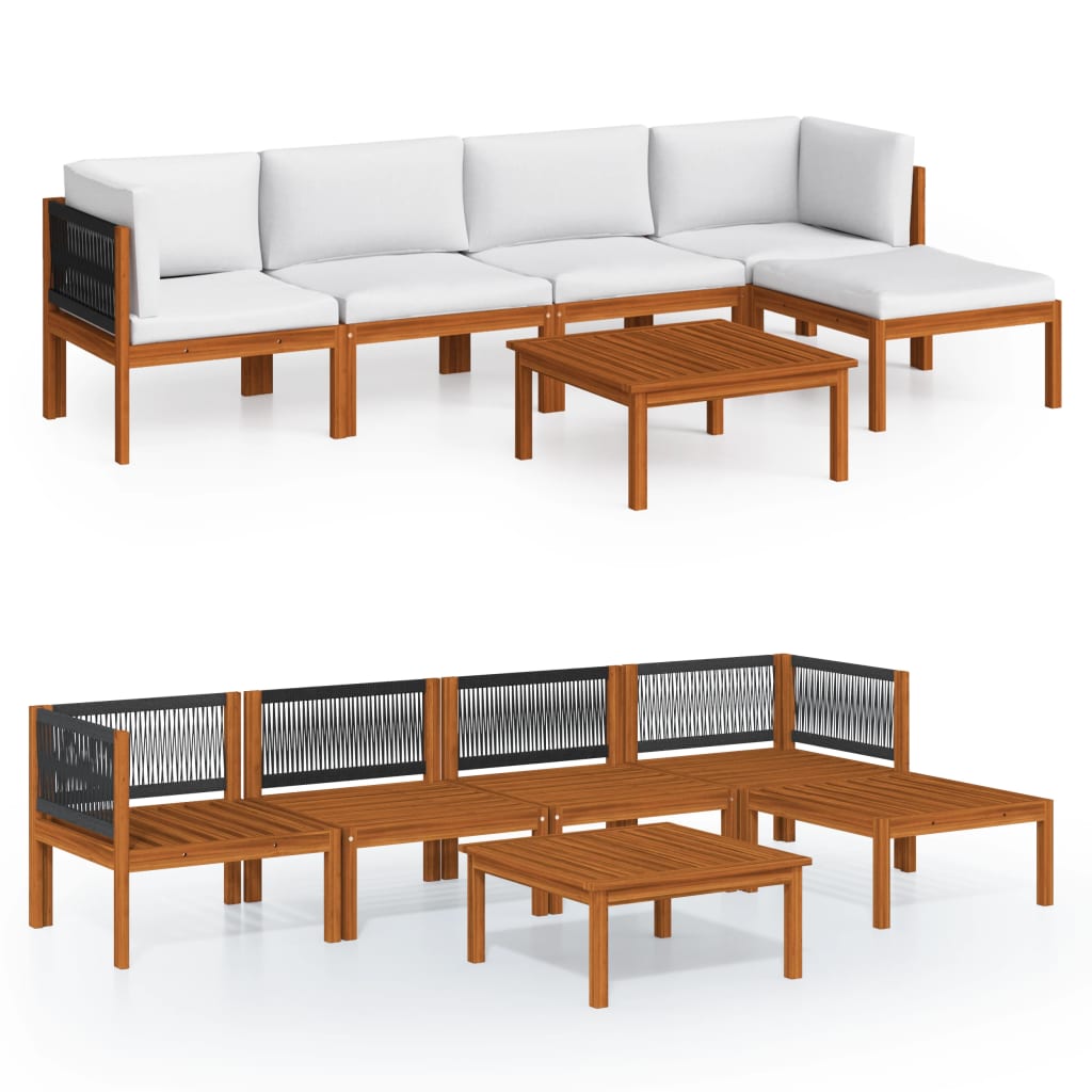 6-Delige Loungeset Met Kussens Massief Acaciahout Crèmekleurig 1 2x midden + 2x hoek + voetensteun + Tafel
