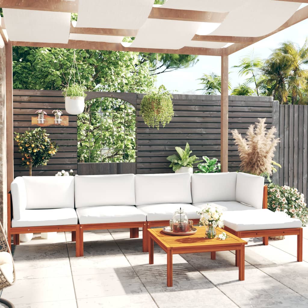 6-Delige Loungeset Met Kussens Massief Acaciahout Crèmekleurig 1 2x midden + 2x hoek + voetensteun + Tafel