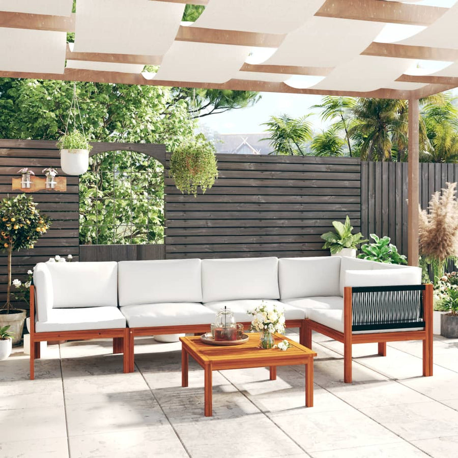 6-Delige Loungeset Met Kussens Massief Acaciahout Crèmekleurig 1 2x midden + 3x hoek + Tafel