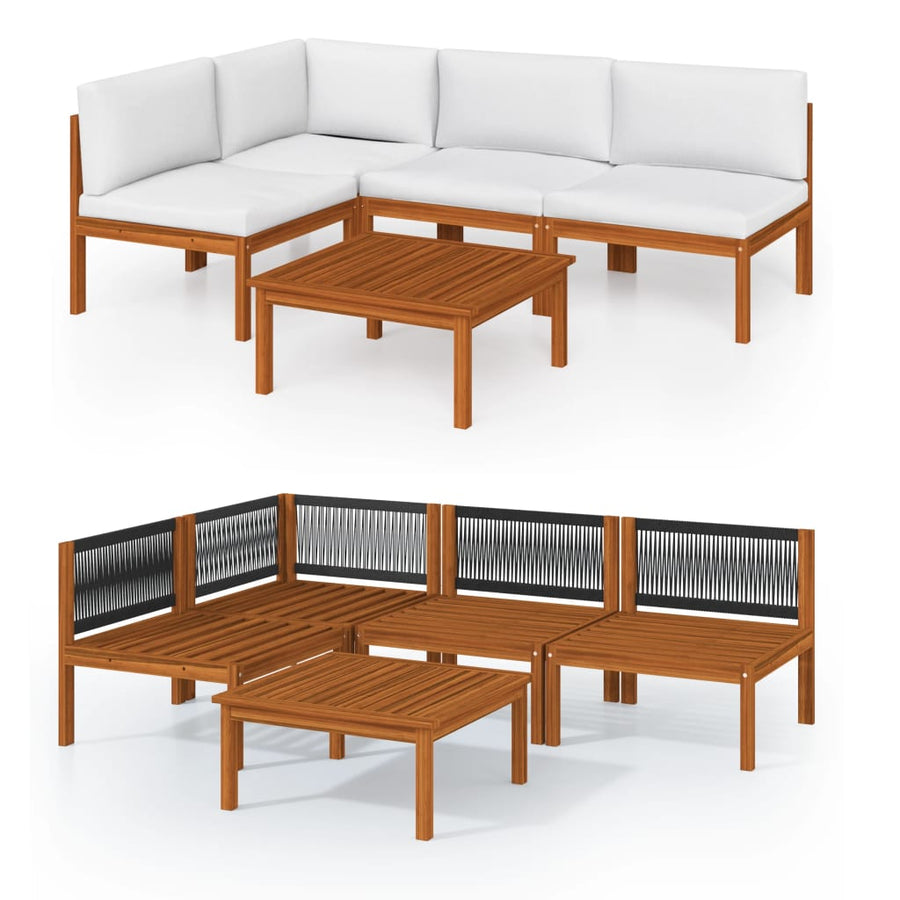 5-Delige Loungeset Met Kussens Massief Acaciahout Crèmekleurig 1 hoek + 3x midden + Tafel