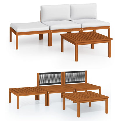 4-Delige Loungeset Met Kussens Massief Acaciahout Crème 1 2x midden + voetensteun + Tafel