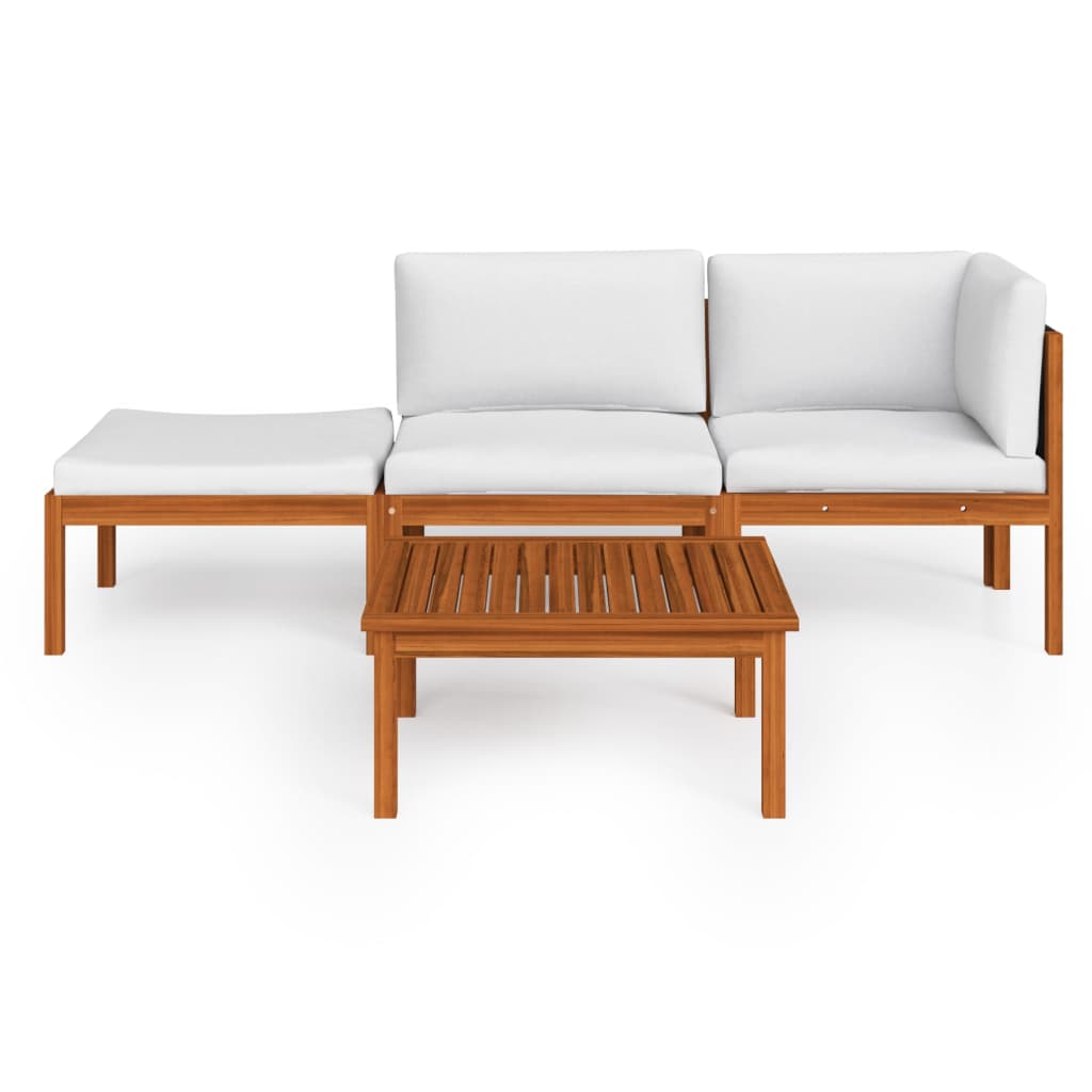 4-Delige Loungeset Met Kussens Massief Acaciahout Crème 1 midden + hoek + voetensteun + Tafel